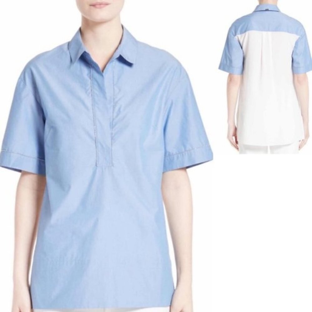 St. John Chambray & Silk Beaded Trim Blouse S